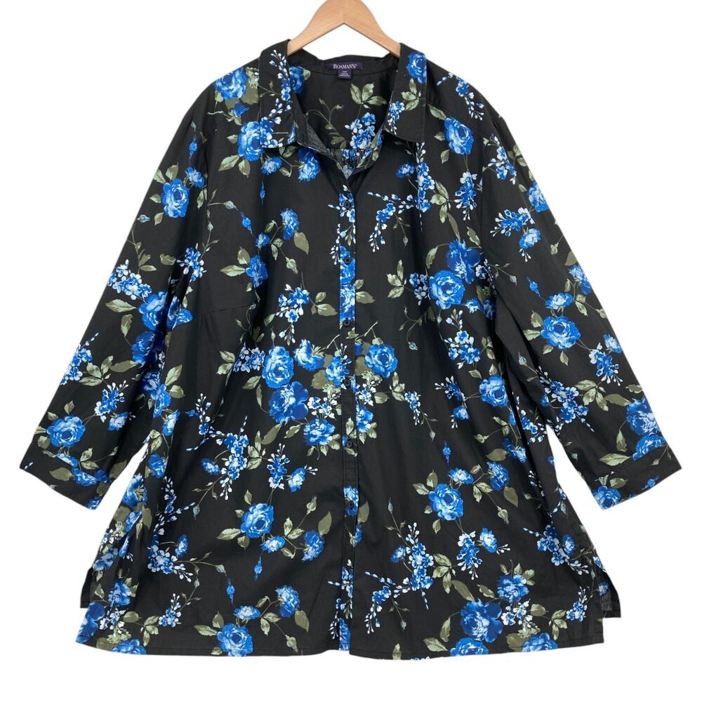 Roaman's Kate Floral Tunic Button Up Shirt Size 34W Womens Black Blue Career